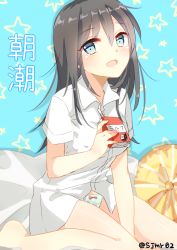 Rule 34 | 10s, 1girl, asashio (kancolle), black hair, blue eyes, blue panties, bow, bow panties, box, character name, drinking straw, holding, kantai collection, long hair, looking at viewer, no pants, open mouth, panties, polka dot, polka dot panties, shijima (sjmr02), shirt, signature, sitting, solo, twitter username, underwear, white shirt