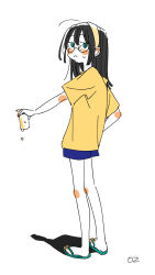 Rule 34 | 1girl, :c, arm at side, bare legs, black-framed eyewear, black hair, blue eyes, blue footwear, blue shorts, blush, drink, flip-flops, from side, full body, glasses, hairband, highres, holding, holding drink, kneepits, legs together, long hair, looking at viewer, original, outstretched arm, ozu (oz yarimasu), round eyewear, sandals, shadow, shirt, short shorts, short sleeves, shorts, sidelocks, signature, simple background, solo, straight hair, white background, yellow hairband, yellow shirt
