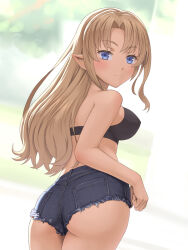 Rule 34 | 1girl, ass, blonde hair, blue eyes, blue shorts, blurry, blurry background, breasts, closed mouth, commentary request, denim, denim shorts, elf, from behind, highres, long hair, looking at viewer, medium breasts, meow (nekodenki), original, pointy ears, short shorts, shorts, smile, solo