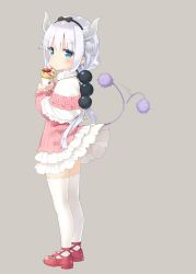 Rule 34 | 10s, 1girl, afterimage, beads, blue eyes, capelet, crepe, dragon girl, dress, food, full body, hair beads, hair ornament, hairband, horns, kani biimu, kanna kamui, kobayashi-san chi no maidragon, looking at viewer, solo, tail, tail wagging, thighhighs, thighs, twintails, white thighhighs, zettai ryouiki