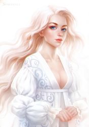 Rule 34 | 1girl, artist name, breasts, cleavage, dress, elena berezina, eyebrows, eyelashes, highres, light smile, lips, long sleeves, looking at viewer, medium breasts, nose, original, own hands together, parted bangs, realistic, solo, standing, upper body, white background, white dress, white hair, white theme