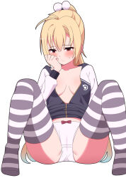 Rule 34 | 1girl, :/, absurdres, ahoge, arihara nanami, arm at side, blonde hair, blush, bow, bow panties, breasts, cameltoe, casual, closed mouth, collarbone, commentary, embarrassed, foot out of frame, frown, hair between eyes, hair ornament, hand up, head rest, highres, jacket, knees up, letterman jacket, long hair, long sleeves, looking to the side, medium breasts, no bra, no shoes, official alternate costume, official alternate hairstyle, panties, partially unzipped, pom pom (clothes), pom pom hair ornament, ponytail, red bow, red eyes, riddle joker, simple background, sitting, solo, split mouth, spread legs, striped clothes, striped thighhighs, sweatdrop, symbol-only commentary, thighhighs, thighs, underwear, very long hair, white background, white panties, zlmh7okwwbmghfo