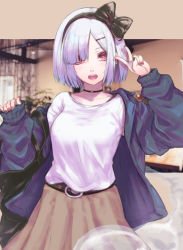 Rule 34 | 1girl, alternate costume, belt, black nails, blouse, blue nails, bow, casual, choker, contemporary, eyebrows hidden by hair, hair bow, hair ornament, hair over one eye, hairclip, highres, jacket, konpaku youmu, looking at viewer, nail polish, off shoulder, open mouth, purple nails, re (re 09), red eyes, red nails, shirt, short hair, skirt, sleeves past wrists, solo, touhou, v, white shirt