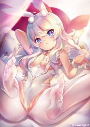 Rule 34 | + +, 1girl, animal ears, ass, azur lane, blue eyes, breasts, cawang, chestnut mouth, commentary, fake animal ears, feet, highres, le malin (azur lane), le malin (listless lapin) (azur lane), leotard, long hair, no shoes, official alternate costume, pantyhose, partially visible vulva, playboy bunny, rabbit ears, silver hair, small breasts, soles, solo, spread legs, white pantyhose