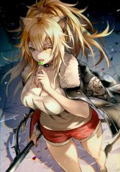 Rule 34 | 1girl, animal ears, arknights, black jacket, black nails, blonde hair, breasts, candy, collar, collarbone, commentary request, food, fur-trimmed jacket, fur trim, hair between eyes, hand up, highres, holding, holding candy, holding food, holding lollipop, holding weapon, jacket, jacket on shoulders, lion ears, lion tail, lollipop, long hair, nail polish, open mouth, red shorts, shadow, short shorts, shorts, siege (arknights), solo, standing, tail, tank top, tarutaru yamaoka, tongue, tongue out, weapon, white tank top, yellow eyes