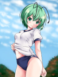 Rule 34 | 1girl, alternate costume, antennae, black buruma, blurry, blurry background, breasts, buruma, closed mouth, clothes pull, cloud, commentary request, cowboy shot, green eyes, green hair, gym uniform, highres, looking at viewer, matelia, medium breasts, navel, outdoors, pulled by self, shirt, shirt pull, short sleeves, sky, smile, solo, touhou, white shirt, wriggle nightbug