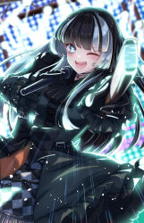 Rule 34 | 1girl, black choker, black dress, black gloves, black hair, blue eyes, blunt bangs, choker, dress, frilled dress, frills, gloves, gothic lolita, grey hair, hand fan, highres, holding, holding fan, holding microphone, hololive, hololive dev is, juufuutei raden, lace-trimmed choker, lace trim, lolita fashion, long hair, looking at viewer, microphone, multicolored hair, one eye closed, open mouth, oshi no ko, parody, sidelocks, smile, solo, star-shaped pupils, star (symbol), streaked hair, symbol-shaped pupils, virtual youtuber, yanu