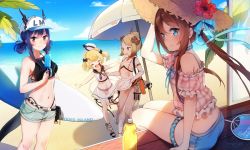 Rule 34 | 4girls, :d, amiya (arknights), animal ears, arknights, bare shoulders, baseball cap, beach, beach umbrella, bear ears, bikini, bikini under clothes, black bikini, black bow, blonde hair, blue eyes, blue hair, blue ribbon, blue shorts, blush, bow, breasts, brown eyes, brown hair, ch&#039;en (arknights), ch'en (arknights), closed eyes, commentary request, day, demon horns, dress, female focus, female tourist c (arknights), flat chest, flower, food, gummy (arknights), gummy (summer flowers) (arknights), hair bow, hair rings, hat, hat ribbon, hibiscus, highres, holding, holding food, holding plate, holding skewer, holding surfboard, horns, ifrit (arknights), ifrit (sunburn) (arknights), long hair, looking at viewer, medium breasts, multiple girls, navel, notice lines, ocean, official alternate costume, open mouth, orange eyes, outdoors, plaid, plaid shirt, plate, popsicle, red flower, ribbon, sailor dress, see-through, shirt, short hair, short shorts, shorts, sidelocks, sitting, skewer, sky, smile, spatula, standing, standing on one leg, stomach, straw hat, surfboard, swimsuit, thigh strap, twintails, two side up, umbrella, white bikini, white dress, white headwear, white shorts, yennineii