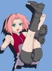 Rule 34 | 1girl, arm up, arm warmers, ass, bare shoulders, bike shorts, black footwear, blue background, boots, clenched hand, flat chest, full body, green eyes, grey skirt, haruno sakura, headband, headdress, knee boots, kneepits, legs up, looking at viewer, lowres, miniskirt, naruto (series), naruto shippuuden, okiyumi kase, open mouth, pink hair, red shirt, shirt, shoes, short hair, shorts, shorts under skirt, side slit, simple background, skin tight, skirt, sleeveless, sleeveless shirt, smile, solo, spandex, toeless footwear