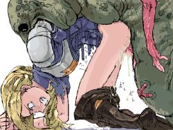 Rule 34 | 1girl, agrias oaks, all fours, angry, artist request, bent over, blonde hair, clenched teeth, cuchulainn, cuchulainn (fft), cum, cum in pussy, doggystyle, final fantasy, final fantasy tactics, game over, impregnation, interspecies, kneeling, long hair, monster, oekaki, penis, pussy, rape, sex, sex from behind, simple background, solo focus, tears, teeth, top-down bottom-up, vaginal, vore, white background