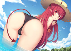 Rule 34 | 1girl, :t, arknights, ass, bent over, bikini, bikini bottom only, black bikini, black ribbon, blue sky, braid, brown hat, closed mouth, cloud, cloudy sky, commentary request, day, demon girl, demon horns, demon tail, hair ornament, hair ribbon, hairclip, hat, highres, horns, horns through headwear, long hair, looking at viewer, looking back, muq, outdoors, partially visible vulva, pout, red eyes, red hair, ribbon, sky, solo, star (symbol), star hair ornament, straw hat, swimsuit, tail, topless, very long hair, vigna (arknights), vigna (casual vacation) (arknights), wading, water