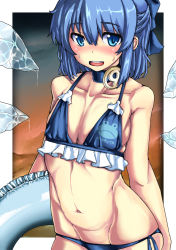 Rule 34 | 1girl, abs, bikini, blue bikini, blue eyes, blue hair, blush, bokuso, bow, cirno, collarbone, flat chest, gradient background, hair bow, highres, ice, ice wings, looking at viewer, matching hair/eyes, muscular, navel, short hair, side-tie bikini bottom, solo, swimsuit, touhou, wings