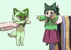 Rule 34 | 3girls, :&lt;, animal ears, arched bangs, blue eyes, cat, cat ears, closed mouth, commentary request, creatures (company), crossover, frown, game freak, green background, green footwear, green hair, holding, holding pokemon, kusuriya no hitorigoto, le4ng liing, maomao (kusuriya no hitorigoto), mini person, minigirl, multiple girls, nintendo, pokemon, pokemon (anime), pokemon (creature), pokemon horizons, shirt, shoes, short hair, simple background, skirt, sleeves past elbows, sprigatito, wide sleeves