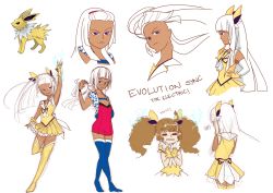 Rule 34 | 2girls, = =, alternate hairstyle, beauty (pokemon), blunt bangs, brown hair, ciel leclair, cosplay, creatures (company), dark-skinned female, dark skin, dual persona, eevee, eeveelution project, electricity, english text, forehead, frown, full body, fur trim, game freak, gen 1 pokemon, gloves, hair flip, hair ornament, hairclip, hanakawa ran, hand on own hip, jolteon, jolteon (cosplay), light frown, long hair, looking at viewer, loony bear, magical girl, multiple girls, nintendo, npc trainer, original, personification, pokemon, purple eyes, simple background, skirt, smile, standing, thighhighs, twintails, wavy mouth, white background, white hair, zettai ryouiki