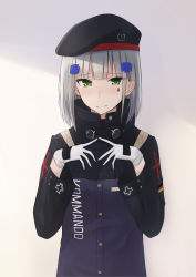 Rule 34 | 1girl, absurdres, alternate hair length, alternate hairstyle, beret, blunt bangs, blush, breasts, clothes writing, facial mark, fingers together, girls&#039; frontline, gloves, green eyes, grey hair, hair ornament, hat, highres, hk416 (girls&#039; frontline), index fingers together, jacket, long hair, looking at viewer, medium breasts, piroshiki (aoraro), simple background, smile, solo, teardrop