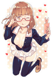Rule 34 | 10s, 1girl, ;p, adjusting eyewear, bent over, black thighhighs, blunt bangs, blush, breasts, brown eyes, brown hair, cellphone, center opening, cleavage, collarbone, from above, full body, girls und panzer, glasses, heart, kneeling, large breasts, loafers, nail polish, no bra, one eye closed, ooarai military uniform, open clothes, open shirt, phone, red-framed eyewear, school uniform, selfie, semi-rimless eyewear, shirt, shoes, skindentation, skirt, solo, subachi, takebe saori, thighhighs, thighs, tongue, tongue out, under-rim eyewear, white skirt