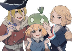 Rule 34 | 1boy, 2girls, :d, absurdres, belt, blonde hair, brown eyes, closed mouth, dr. stone, drill hair, epaulettes, francois (dr. stone), hair between eyes, hat, highres, jacket, kojirou (kojirou sousaku), looking at viewer, multiple girls, nanami ryuusui, open mouth, pirate hat, simple background, smile, suika (dr. stone), upper body, white background