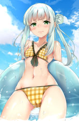 Rule 34 | 1girl, arms behind back, bikini, blue sky, blush, breasts, checkered bikini, checkered clothes, closed mouth, cloud, commentary request, cowboy shot, day, front-tie top, gluteal fold, green eyes, highres, holding, holding swim ring, innertube, legs apart, long hair, looking at viewer, navel, nishimi shin, original, outdoors, plaid, plaid bikini, sidelocks, silver hair, sky, small breasts, solo, standing, stomach, swim ring, swimsuit, transparent, water, wet, wide hips, yellow bikini