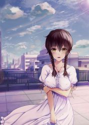 Rule 34 | 1girl, 5pb., absurdres, amane suzuha, blush, braid, breast hold, breasts, brown hair, building, center frills, city, cloud, collarbone, covered erect nipples, cowboy shot, day, dress, frills, glint, hair between eyes, hair over shoulder, highres, jewelry, lens flare, long hair, looking at viewer, medium breasts, necklace, nitroplus, open mouth, outdoors, parted lips, puffy short sleeves, puffy sleeves, railing, rooftop, science adventure, short sleeves, skirt hold, sky, smile, solo, steins;gate, sundress, sunlight, syan (tiaowudegutou), twin braids, white dress, yellow eyes
