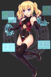 Rule 34 | 1girl, black thighhighs, blonde hair, blurry, bodysuit, boots, breasts, cleavage cutout, clothing cutout, colored eyelashes, covered collarbone, depth of field, diffraction spikes, elbow gloves, enu naitsu, from side, gloves, glowing, hair between eyes, halterneck, highleg, highleg leotard, leotard, neon trim, skin tight, standing, standing on one leg, thigh boots, thighhighs, twintails, v-shaped eyebrows