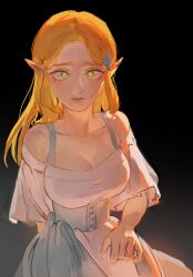 Rule 34 | 1girl, bare shoulders, black background, blonde hair, blush, breasts, cleavage, collarbone, cowboy shot, dress, gradient background, grey background, hair ornament, hairclip, highres, large breasts, long hair, nintendo, parted bangs, pointy ears, princess zelda, psp26958748, short sleeves, solo, the legend of zelda, the legend of zelda: breath of the wild, white dress