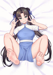 Rule 34 | 1girl, absurdres, barefoot, black hair, chinese clothes, double v, feet, green eyes, highres, licking lips, long hair, looking at viewer, smile, soles, toes, tongue, tongue out, twintails, v, xianjian qixia zhuan, zhao linger