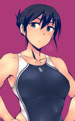 Rule 34 | 1girl, black eyes, black hair, blush, breasts, competition swimsuit, em (totsuzen no hakike), hair up, hands on own hips, kitagou fumika, large breasts, looking at viewer, one-piece swimsuit, school swimsuit, solo, strike witches, strike witches zero, swimsuit, world witches series