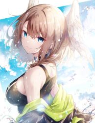 Rule 34 | 1girl, bare shoulders, black jacket, black shirt, blue eyes, breasts, brown hair, closed mouth, cloud, commentary request, eunie (xenoblade), feathered wings, floating hair, green jacket, hair between eyes, head wings, highres, jacket, large breasts, long hair, looking at viewer, multicolored clothes, multicolored jacket, off shoulder, shirt, sleeveless, sleeveless shirt, smile, solo, two-tone jacket, ui frara, water, white wings, wings, xenoblade chronicles (series), xenoblade chronicles 3