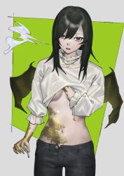 Rule 34 | 1girl, arm at side, bat girl, bat wings, black hair, black pants, black wings, breasts, chain, cigarette, clothes lift, commentary, cowboy shot, english commentary, frilled shirt collar, frilled sleeves, frills, gold, gold chain, golden arms, green background, hand under clothes, holding, holding cigarette, jewelry, long hair, long sleeves, looking at viewer, mi8pq, midriff, navel, necklace, o-ring, original, pants, parted lips, pendant, puffy long sleeves, puffy sleeves, red eyes, scales, shirt, shirt lift, smoke, smoking, solo, swept bangs, unbuttoned, underboob, white shirt, wings