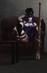 Rule 34 | 1girl, absurdres, arm up, armband, belt, belt boots, belt buckle, blue eyes, boots, breasts, brown gloves, buckle, caitlyn (league of legends), choker, cleavage, closed mouth, couch, crossed legs, deardd, fingernails, frills, gloves, gun, hat, highres, holding, holding gun, holding weapon, indoors, league of legends, long hair, nail polish, purple choker, purple hair, purple hat, purple nails, red lips, rifle, sitting, skirt, solo, striped, table, weapon, white skirt