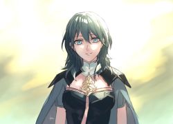 Rule 34 | 1girl, akke, blue eyes, byleth (female) (fire emblem), byleth (fire emblem), cape, fire emblem, fire emblem: three houses, green eyes, jewelry, long hair, looking at viewer, necklace, nintendo, signature, smile, solo, uniform, upper body