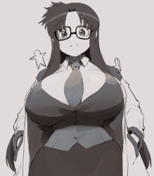 Rule 34 | 1girl, alternate breast size, breasts, glasses, hands in pockets, huge breasts, impossible clothes, long hair, magister, messy hair, monochrome, necktie, open clothes, parted bangs, read or die, solo, vest, waistcoat, yomiko readman