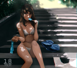 Rule 34 | 1girl, absurdres, artist name, blurry, bra, breasts, brown eyes, brown hair, chromatic aberration, dappled sunlight, day, depth of field, fingernails, food, highres, holding, holding clothes, holding shirt, looking at viewer, medium breasts, nail polish, original, outdoors, panties, popsicle, red nails, sexually suggestive, shirt, unworn shirt, shorts, unworn shorts, sitting, sitting on stairs, solo, stairs, sunlight, text focus, tony sun, tree shade, underwear, watermark, white bra, white panties