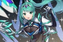 Rule 34 | 1girl, absurdres, aegis sword (xenoblade), armor, breasts, chest jewel, cleavage, earrings, gem, gloves, green322, green eyes, green hair, hair ornament, headpiece, high ponytail, highres, jewelry, large breasts, long hair, looking at viewer, pneuma (xenoblade), ponytail, solo, swept bangs, sword, tiara, very long hair, weapon, xenoblade chronicles (series), xenoblade chronicles 2