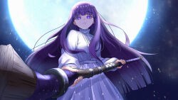 Rule 34 | 1girl, blunt bangs, breasts, bright pupils, closed mouth, dress, facing viewer, fern (sousou no frieren), highres, holding, holding staff, long hair, long sleeves, mage staff, medium breasts, moon, night, night sky, purple eyes, purple hair, sky, solo, sousou no frieren, staff, suzuka (suzukawu), upper body, white dress