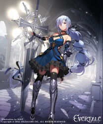 Rule 34 | 1girl, absurdres, armor, asymmetrical sleeves, bare shoulders, black ribbon, blue dress, braid, breasts, cleavage, closed mouth, criss-cross halter, detached sleeves, dress, evertale, fingerless gloves, frilled dress, frills, full body, gawain (evertale), gloves, greaves, grey hair, hair ornament, hair over one eye, hair ribbon, hairclip, hallway, halterneck, highres, holding, holding sword, holding weapon, huge weapon, kakage, long hair, looking at viewer, medium breasts, official art, planted, planted sword, planted weapon, red eyes, ribbon, sidelocks, single braid, single detached sleeve, solo, standing, sunlight, sword, vambraces, very long hair, weapon
