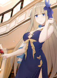 Rule 34 | 1girl, alternate costume, asymmetrical clothes, bad id, bad pixiv id, blonde hair, blue dress, breasts, cartonbox (zhixiang zhi), cup, dress, drinking glass, feather hair ornament, hair ornament, highres, holding, holding cup, large breasts, lexington (warship girls r), long hair, platinum blonde hair, sleeveless, sleeveless dress, solo, very long hair, warship girls r, wine glass