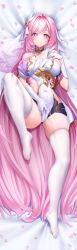 1girl absurdres bare_shoulders black_shorts breasts cleavage clothing_cutout dakimakura_(medium) dress elbow_gloves elysia_(herrscher_of_human:_ego)_(honkai_impact) elysia_(honkai_impact) falling_petals gloves hair_between_eyes highres honkai_(series) honkai_impact_3rd large_breasts long_hair looking_at_viewer lying on_back on_bed petals pink_hair purple_eyes shorts side_cutout solo thighhighs thighs triquetra very_long_hair white_dress white_gloves white_thighhighs white_veil xfate zettai_ryouiki