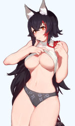 Rule 34 | 1girl, angry, animal ear fluff, animal ears, artist name, bare shoulders, black hair, blush, breasts, clothes lift, eyelashes, hair between eyes, highres, hololive, hololive gamers, kollerss, large breasts, long hair, midriff, multicolored hair, navel, ookami mio, panties, red hair, shirt, simple background, tagme, tail, thighs, two-tone hair, underboob, underwear, very long hair, virtual youtuber, white background, white shirt, wolf ears, wolf girl, wolf tail, yellow eyes