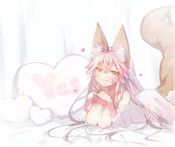 Rule 34 | 1girl, animal ear fluff, animal ears, blush, breasts, cleavage, collarbone, crossed fingers, fate/extella, fate/extra, fate/grand order, fate (series), fox ears, fox girl, fox tail, heart, heart-shaped pillow, large breasts, long hair, looking at viewer, lying, on stomach, pillow, pink hair, solo, tail, tamamo (fate), tamamo no mae (fate/extra), tongue, tsukimi okayu, yellow eyes, yes-no pillow