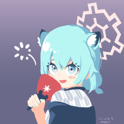 Rule 34 | 1girl, absurdres, animal ears, aqua hair, aqua nails, blue archive, blue eyes, from behind, gradient eyes, grey kimono, halo, hand fan, highres, holding, holding fan, japanese clothes, johnlim, kimono, low twintails, medium hair, multicolored eyes, nail polish, official alternate costume, open mouth, paper fan, shigure (blue archive), shigure (hot spring) (blue archive), smile, solo, twintails, upper body, weasel ears, yagasuri