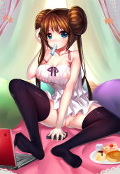 Rule 34 | 10s, 1girl, bad id, bad pixiv id, black thighhighs, blue eyes, blush, breasts, brown hair, cake, computer, covered erect nipples, creatures (company), double bun, feet, female focus, food, game freak, hair bun, laptop, large breasts, long hair, looking at viewer, mouth hold, nintendo, nipples, no panties, no shoes, plate, pokemon, pokemon bw2, popsicle, pussy, ririko (zhuoyandesailaer), rosa (pokemon), see-through, see-through silhouette, sitting, solo, strap slip, thighhighs, twintails, uncensored