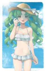 Rule 34 | 1girl, :d, bad id, bad twitter id, bikini, blue sky, bottle, cloud, colored eyelashes, commentary request, cowboy shot, day, falulu, falulu (awakened), frilled bikini, frills, green hair, grey eyes, hand up, hat, inactive account, long hair, looking at viewer, open mouth, outdoors, parted bangs, pretty series, pripara, ramune, shiyurinpu, sidelocks, sky, smile, solo, standing, sun hat, sunlight, swimsuit, twintails, white bikini