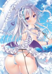 Rule 34 | 1girl, ahoge, aqua hair, ass, bare shoulders, blush, breasts, cameltoe, chain, closed mouth, commentary request, day, demon tail, demon wings, dress, frills, garter belt, hair between eyes, highres, holding, holding umbrella, komiya hitoma, long hair, looking at viewer, looking back, maid headdress, medium breasts, multicolored hair, original, panties, panties over garter belt, petals, purple eyes, silver hair, sky, smile, solo, standing, striped clothes, striped panties, tail, thighhighs, thong, umbrella, underwear, white thighhighs, wings