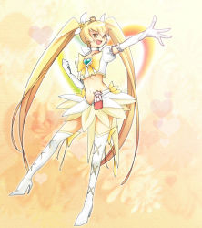 Rule 34 | 10s, 1girl, blonde hair, boots, bow, brooch, choker, cure sunshine, cure sunshine (super silhouette), elbow gloves, gloves, hair ribbon, hanahasu, heart, heart brooch, heartcatch precure!, high heel boots, high heels, jewelry, long hair, magical girl, midriff, myoudouin itsuki, navel, precure, ribbon, shoes, skirt, solo, thigh boots, thighhighs, white choker, yellow background, yellow bow, yellow eyes, yellow skirt, yellow theme