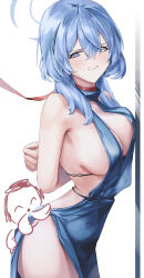 Rule 34 | 1boy, 1girl, ako (blue archive), ako (dress) (blue archive), arms behind back, blue archive, blue dress, blue eyes, blue hair, blue halo, breast press, breasts, collar, doodle sensei (blue archive), dress, evening gown, hair between eyes, halo, highres, large breasts, leash, moda (mo da 3), official alternate costume, red collar, sensei (blue archive), sideless dress, sideless outfit, sleeveless, sleeveless dress, thighs