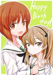 Rule 34 | 10s, 2girls, absurdres, alternate costume, black neckerchief, black ribbon, blouse, brown eyes, brown hair, closed mouth, commentary, dated, english text, girls und panzer, hair ribbon, happy birthday, highres, hug, light brown hair, long hair, long sleeves, looking at viewer, multiple girls, neckerchief, nishizumi miho, ooarai school uniform, open mouth, ribbon, school uniform, serafuku, shibagami, shimada arisu, shirt, short hair, side ponytail, smile, v, white shirt