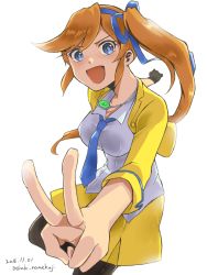Rule 34 | 1girl, :d, ace attorney, athena cykes, black gloves, blue eyes, blue necktie, blue ribbon, breasts, collared shirt, gloves, hair ribbon, jacket, jewelry, koide yoshito, long hair, looking at viewer, necklace, necktie, open clothes, open jacket, open mouth, orange hair, pantyhose, ribbon, shirt, side ponytail, single glove, skirt, smile, solo, swept bangs, v, white background, white shirt, yellow jacket, yellow skirt