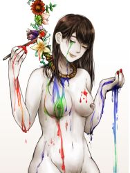 Rule 34 | 1girl, bad id, bad pixiv id, breasts, brown hair, closed eyes, colored skin, daisy, dripping, eyelashes, female pubic hair, flower, groin, lily (flower), lips, nail polish, navel, nipples, noose, nude, original, out-of-frame censoring, paint, paintbrush, pubic hair, red nails, smile, solo, sumimoto ryuu, tears, upper body, white background, white skin