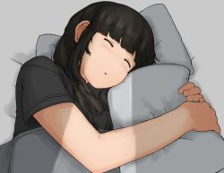 Rule 34 | 1girl, black hair, blanket, blunt bangs, chagamaka, closed eyes, kantai collection, kitakami (kancolle), lying, hugging object, on side, pillow, pillow hug, sleeping, solo, upper body